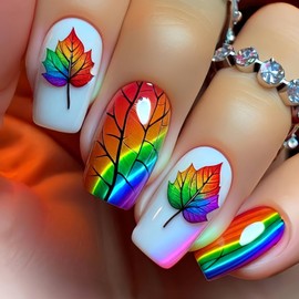Vopintpy Rainbow Maple Leaf Press on Nails Fall Medium Square Fake Nails Glossy Thanksgiving Acrylic Glue on Nail Autumn Maple Leaves Artificial Stick on Nail for Women DIY Manicure