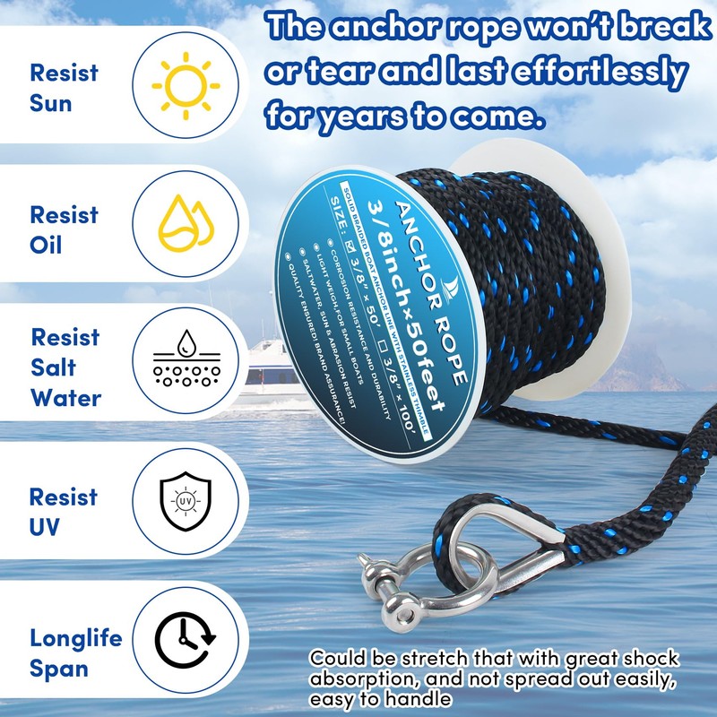 Premium Anchor Rope 50 ft x 3/8 inch, Solid Braid