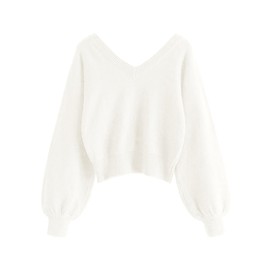 ZAFUL Women's Cropped Sweater V-Neck Long Sleeve Crop Sweater Pullover Jumper Knit Top (1-Pure White, S)