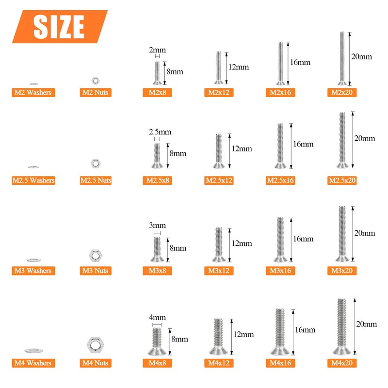 HELIFOUNER 1280 Pieces M2 M2.5 M3 M4 304 Stainless Steel