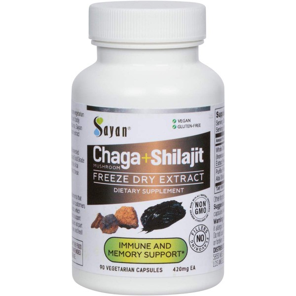 Sayan Exclusive Blend of Siberian Chaga Mushroom Extract with Shilajit, 90 Vegetarian Capsules 420mg Each of Powerful Antioxidant, Fulvic Acid, and Immune System Booster