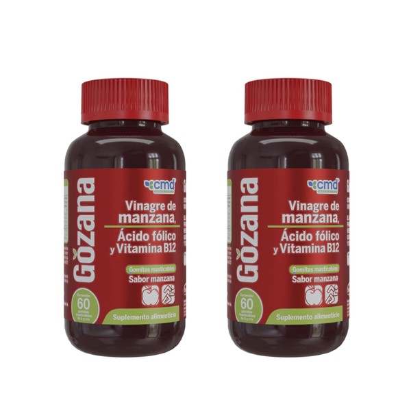 CMD - GOZANA - Gomitas de vinagre de manzana, Ácido fólico y Vitamina B12 - Suplemento Alimenticio Sabor Manzana - 2 Frascos con 60 gomitas c/u