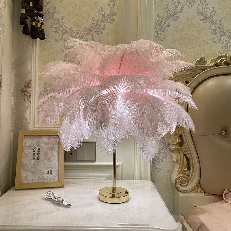 Ostrich Feather Table Lamp Rechargeable Modern Romantic Decoration Lamp Bedroom