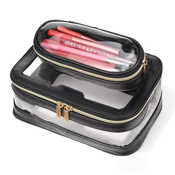 Travel Clear Makeup Bag with Makeup Brush Bag, Black Waterproof