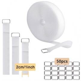 32ftx1in Cable Straps Adjustable with 50 Metal Buckles Free Cut Length Reusable Fastening Hook and Loop Straps White Cord Ties for Cable Tidy, Wire Management, Cord Organiser