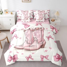 Erosebridal Bowknot Bedding Set Full Size 7 Piece, Cowboy Boots Flowers Room Decor Bed in a Bag, Cartoon Bows Printed Kids Girls Bedding, White Pink Cute Shoes Bed Sheets