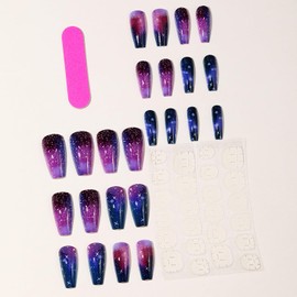 24Pcs Press on Nails Medium Ballet Shaped Blue Purple Starry Sky Smudge Design Full Cover Glossy Acrylic False Nail Medium Artificial Stick on Nail DIY Reusable Press Ons Glue on Nails for Women