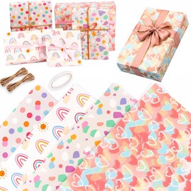 Gift Wrapping Paper Sheet, 4 Sheets Folded Flat Birthday Wrapping Paper for Girl, Rainbow Polka Dots Heart Gift Wraps for Birthday, Christmas, Wedding, Baby Shower, 19.7 Inch X 27.5 Inch Per Sheet