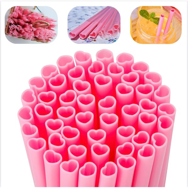 100Pcs Reusable Pink Straws，Heart-Shaped Plastic Straws，Party Straws，with Cleaning Brush, for