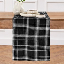 Solino Home Linen Plaid Table Runner 48 inch - 100% Pure Linen Black and White Glen Check Table Runner 14 x 48 Inch - Handcrafted and Machine Washable Fabric