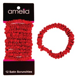 Amelia Beauty, Red, Skinny Satin Scrunchies, 12 Pack – 2in Diameter, Gentle & Strong Hold, No-Snag, No-Dent, Crease-Free Hair Ties