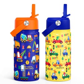 Kid Water Bottle 12oz with Straw Lid - 2-Pack Insulated Stainless Steel Water Bottles for Kids Boys Girls - Travel Cup for School Sports, Construction & Transportation