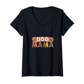 Womens Dog Mama Animal Lovers Leopard Print Vintage Mother's Day V-Neck T-Shirt