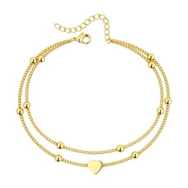 JeweBella 18K Gold Anklet Women's with Heart Beads Pendant Made of Stainless Steel Anklet Gold Silver Adjustable Anklet Women's Foot Jewellery for Women and Girls, Stainless Steel