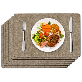 DOLOPL Placemats Set of 6, Brown Faux Leather Heat Resistant Place Mats for Dining Table, Waterproof Oilproof Wipeable Washable Table Mats, Easy to Clean Anti-Slip Tablemats for Kitchen, Party