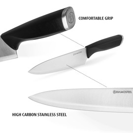 Diamosteel 6PCS Kitchen Knife Set with Magnetic Knife Holder for Wall, Ultra Sharp Knives Set for Kitchen with Knife Magnetic Strip, Stainless Steel Chef Knife Set for Cutting Meat Vegetable (Black)