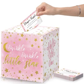 50 Pcs Twinkle Little Star Diaper Raffle Tickets with Box for Baby Shower Gender Reveal Party Decoration Little Star Diaper Raffle Cards Party Supplies Game Kit Diaper Raffle Insert Ticket (Pink)