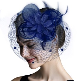 Women's Fascinators Hats Tea Party Hats for Women, 50s Flower Feathers with Veil Headwear for Tea Party Dresses (Navy Blue)