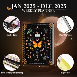2025 Planner Weekly & Monthly Agenda Book, Daily Planner Hardcover, 2025 To Do List Notebook with Monthly Tabs, Pocket, Spiral Bound, Elastic Closure, Thick Paper(7.5 * 10.2) Butterfly