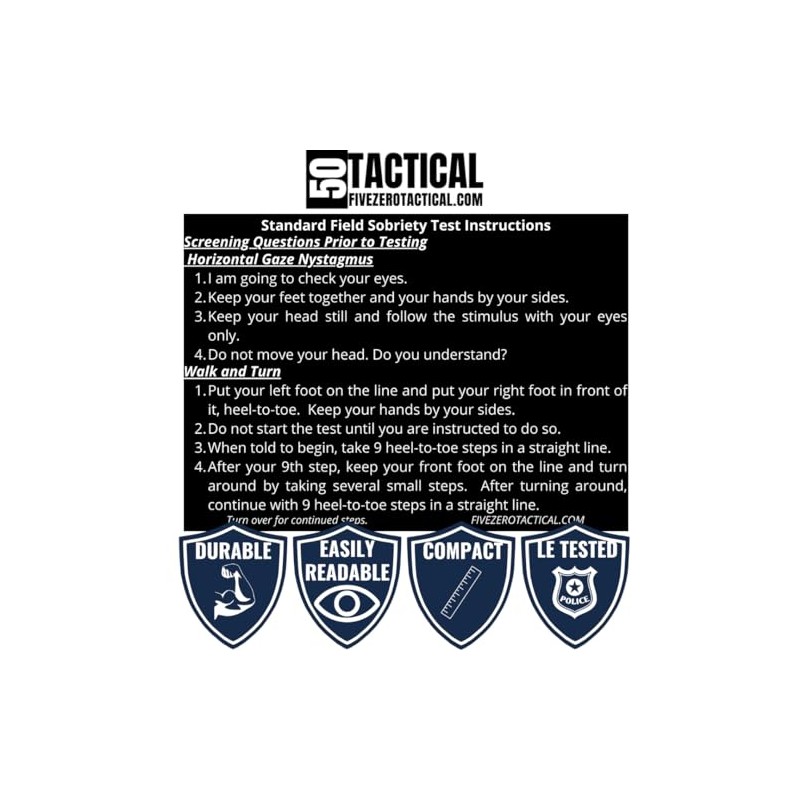 Generic Engraved Metal SFST Card Standardized Field Sobriety Test Instruction