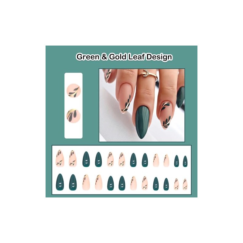 Uñas Postizas Almendradas Cortas, Medianas, Verdes, Con Diseño De Hoja