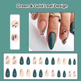Uñas Postizas Almendradas Cortas, Medianas, Verdes, Con Diseño De Hoja De Oro, Para Mujer, De Gel Acrílico, Con Pegamento, Cobertura Total, Para Bodas