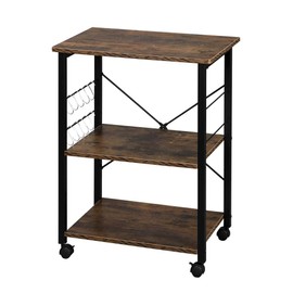 SSLine 3 Shelf Wood Rolling Kitchen Storage Cart Organizer, Microwave Oven Stand Cart on Wheels Mobile Utility Cart Baker Rack Shelving Unit with 10 Hooks - Vintage Shelf/Black Metal Frame