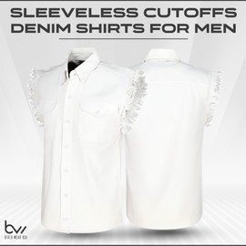 BIKER WEAR USA 100% Cotton Denim Shirt- Sleeveless Shirt with Pockets & Cut-Off Sleeves (White)
