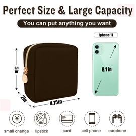 Nylon Mini Makeup Bag for Purse, Preppy Small Cute Makeup Bag Cosmetic Zipper Pouch Purse, Waterproof Travel Coin Pouch Sanitary Napkin Storage Bag Clutch Makeup Organizer Pouch for Women(Brown)