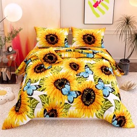 Namoxpa 6 Pieces Sunflower Comforter Sets,3D Pattern with Sunflower Blue Butterflies,Decorative 6 Piece Bedding Sets with Comforter,Flat Sheet,Fitted Sheet,Throw Pillow Cover,Pillow Shams,Twin Size