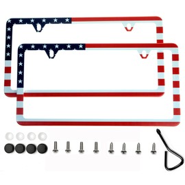 USA American Flag UV Resistant 2 Hole Slim Style Stainless Steel License Plate Frame 2-Pack (Color)