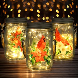 Jingmore 3 Pcs Cardinal Christmas Solar Lantern Christmas Fairy Hanging Jar Lights Solar Lantern Outdoor Yard Garden Cardinal Decor for Indoor Outdoor Decorations Holiday Xmas Home Decor