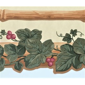 CONCORD WALLCOVERINGS ™ Wallpaper Border Garden Vine Pattern Wooden Sticks Grape Leaves One Side Die-Cut for Cottage Farm Store, Brown Cream Green Red, 4.5 Inches by 15 Feet SCU2024