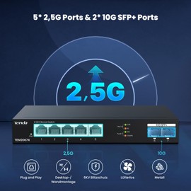 Tenda 2.5 Gbit Switch with 5 x 2.5G Ports and 2 x 10G SFP+ Ports, Unmanaged 2.5 Gigabit Ethernet LAN Switch (Plug and Play, Metal Housing, Black) (TEM2007X)