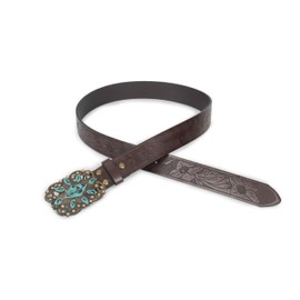 FGSS Women Western-Belts Ink-Turquoise Engraved-Leather-Belt - with Vintage Embossed Buckle for Men Cowgirl Jeans Pant, Coffee Turquoise, Fit for Waist 28"-38"