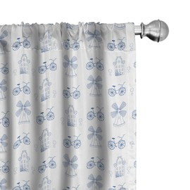 Ambesonne Bicycle Curtains, Dutch Ornament Drawings in Blue Windmill Narrow House Bicycle Topiary Tree, Window Treatments 2 Panel Set for Living Room Bedroom, Pair of - 28" x 84", Night Blue