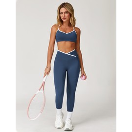 2 Piece Workout Sets for Women Cami Straps Color Block Cross Back Sports Bras Matching High Waist Tummy Control Leggings Clothes Womens Two Piece Athletic Set Gym Wear Active Yoga Outfit Dark Blue S