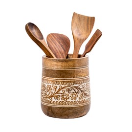 Mie Creations Farmhouse 7'' Large Utensil Holder for Kitchen Counter | Handcrafted Wooden Utensils Crock Cooking Spatula Organizer | Elegant Floral Utensil Caddy, Christmas Thanksgiving Decor- White