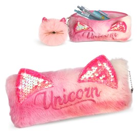 JMHACHY Cute Pencil Case for Girls - Back to School Stuff Zipper Pencil Case Aesthetic, Soft Plush Pen Bag for Students, Glitter Bling Study Supplies Stationery, Sparkle Cat Ear Sequin Makeup Bag