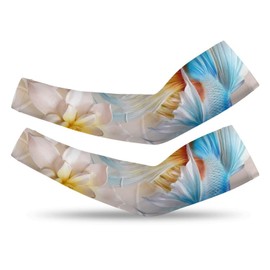 Xmkltbz 1 Pair Cooling Arm Sleeves, Unisex Warmer Spandex Sports Cover Uv Sun Protection for Cycling Golf Running 2XL Print Colorful Swimming Fishes White Lotus Flowers Pearls on White
