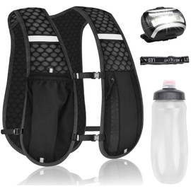 JACMKEON Running Vest Men Women, Running Backpacks with 550MLSoft Water Bottle and Headlamp Multi Functional Pocket Running Hydration Vest for Hiking Climbing Biking