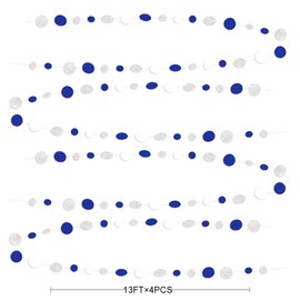 52 Ft Navy Blue White Silver Circle Dots Garland Party Decorations Royal Blue Hanging Paper Polka Dots Streamer for Birthday Wedding Bridal Baby Shower Nautical Ahoy Anchor Pirate Theme Party Supplies