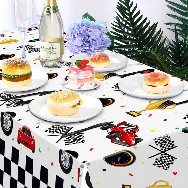 Parrtty Hurrican 2 Pcs Racing Car Plastic Tablecloths, Car Checkered