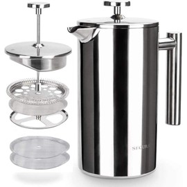 Secura French Press Coffee Maker, 304 Grade Stainless Steel Insulated Coffee Press with 2 Extra Screens, 34oz (1 Litre), Silver