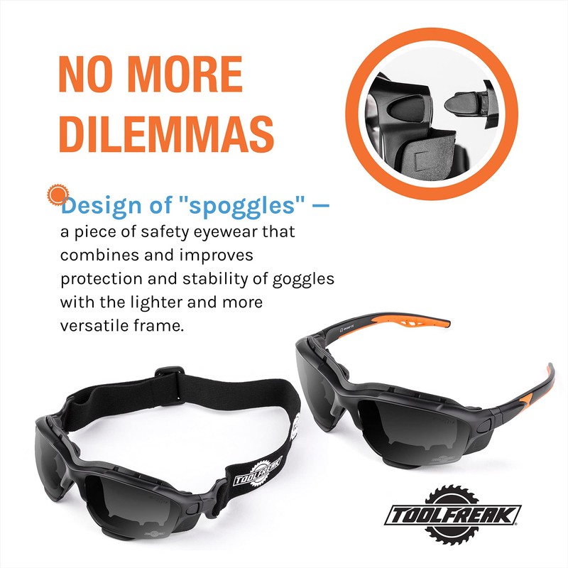 ToolFreak Spoggles - Safety Glasses & Protective Goggles Combination Smoke