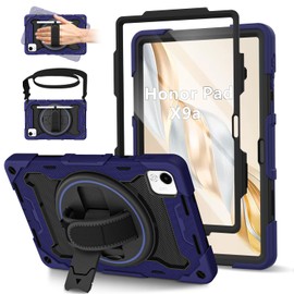 ROSROME for Honor Pad X9a Case 11.5 inch 2025 with HD Screen Protector, Shockproof Heavy Duty Kids Cover with 360°Rotating Stand/Shoulder Strap/Pen Holder for 11.5" Honor X9a Tablet Case, Navy Blue