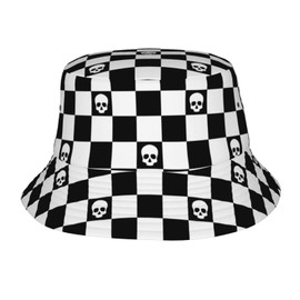 Skull Black and White Plaid Bucket Hat Fashion Sun Cap Packable Outdoor Fisherman Hat for Women and Men Teens Beach Caps Fishing Cap