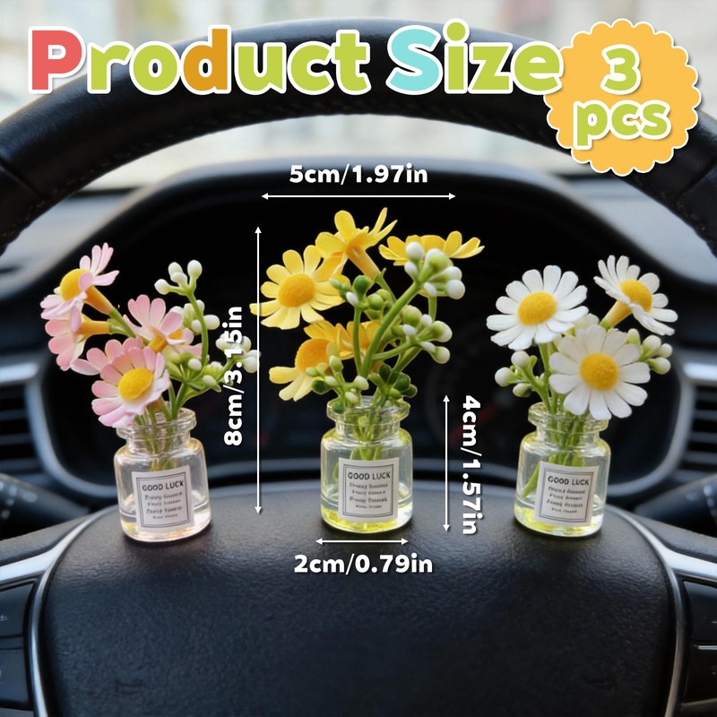houlishu 3-Pack Daisy Flower Car Decor, Cute Dashboard Mini Vase