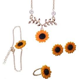 Set of 5 Sunflower Faux Pearl Leaf Chain Resin Petal Pendant Necklace with Sunflower Bracelet Earrings Ring for Women Jewelry Accessories (Rose gold, One size)