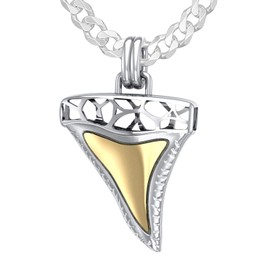US Jewels 1.5in 925 Sterling Silver & 14K Gold Plated 3D Window to Universe Shark Tooth Pendant 3.7mm Curb Necklace, 18"